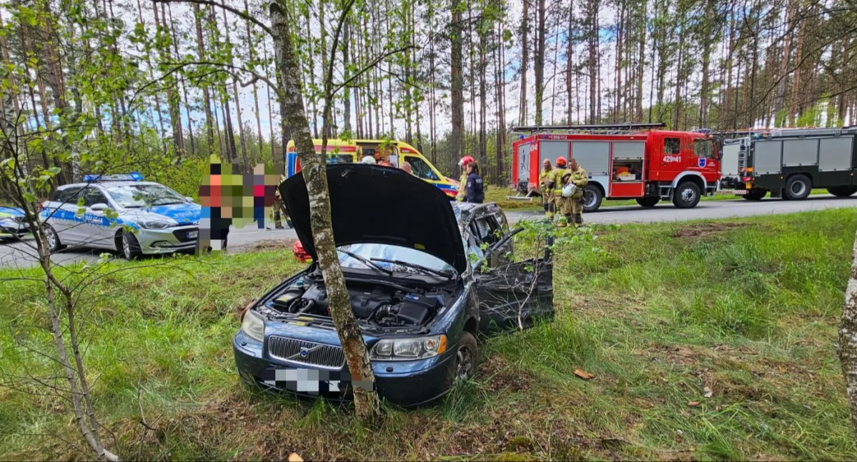 Wypadek, Volvo uderzyło drzewo Kierowca trafił szpitala - zdjęcie, fotografia